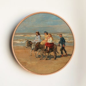 Vintage impressionistische kustkunstprint - kinderen rijden op ezels op het strand, kustkunst, nostalgische zeescène, woondecoratie kust