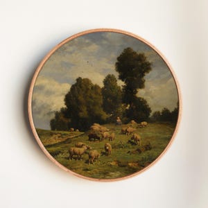 Vintage Landschaftsdruck – Rustikale Bauernhaus-Wandkunst – Pastorale ländliche Landschaft auf runder Leinwand