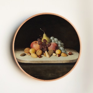Vintage Realism Fruit and Nuts Painting - Classic Still Life Art Print for Elegant Dining Room Decor