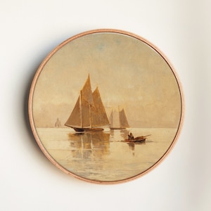 Sailboats at Sunset Oil Painting Print - Neutral Seascape Art - Nautical Wall Decor, Vintage Nautical Wall Art Print on Round Canvas