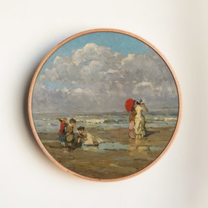 Vintage Nursery Beach Scene Painting - Children Playing by the Sea - Coastal Art Print - Charming Wall Art for Kids&#39; Room Decor