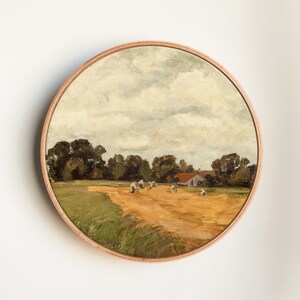 Rustic Countryside Field, Farm Landscape Art, Vintage Style Oil Painting Print, Vintage Countryside Landscape Art Print on Round Canvas