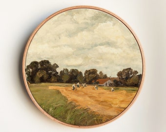 Rustic Countryside Field, Farm Landscape Art, Vintage Style Oil Painting Print, Vintage Countryside Landscape Art Print on Round Canvas