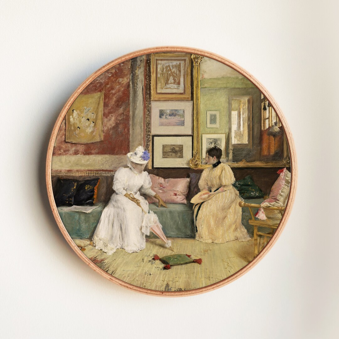 Vintage Impressionist Painting of Two Women in Elegant Dresses in a ...