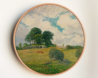 Pastoral Landscape with Grazing Cows Canvas Print | Greenery Oil Painting Vintage Countryside Landscape Art Print on Round Canvas