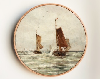 Classic Maritime Oil Painting Print - Rough Seas with Sailing Boats and Flying Seagulls  - Vintage Nautical Wall Art Print on Round Canvas