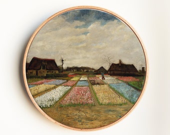 Rustic Farmhouse with Flower Fields Oil Painting Print, Floral Nursery Wall  Decor, Vintage Countryside Landscape Art Print on Round Canvas