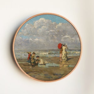 Dipinto vintage con scena di spiaggia - Bambini che giocano in riva al mare - Stampa artistica costiera antica - Decorazione murale classica con tema oceanico per cameretta o soggiorno