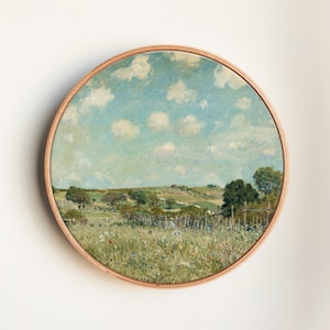 Spring Wildflowers Field Landscape Oil Painting, Vintage Landscape Art Print on Round Canvas