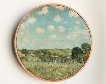 Spring Wildflowers Field Landscape Oil Painting, Vintage Landscape Art Print on Round Canvas