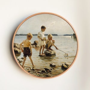 Decorazioni murali rustiche per la cameretta dei bambini / Decorazioni vintage per la cameretta dei ragazzi / Stampe di fratelli / Scene di gioco estive in spiaggia / Decorazioni murali costiere per la cameretta dei bambini