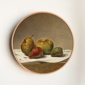 Classic Realist Still Life Painting - Vintage Pear and Apple Art Print - Traditional Fruit Artwork - Elegant Kitchen or Dining Room Decor