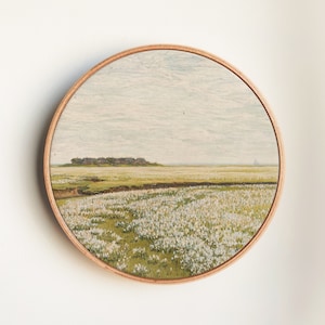 Spring Meadow Painting, Country Field Vintage Landscape Art Print on Round Canvas