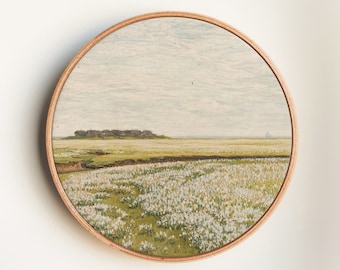 Spring Meadow Painting, Country Field Vintage Landscape Art Print on Round Canvas