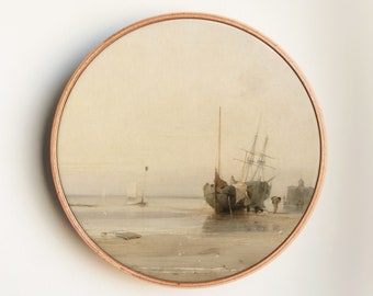 Vintage Style Maritime Oil Painting Print - Misty Harbor with Sailing Ships and Figures - Nautical Wall Art Print on Round Canvas