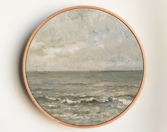 Soft Neutral Tones Seascape Oil Painting Print, Antique Ocean Waves Neutral Beach Art, Coastal Vintage Wall Art Print on Round Canvas