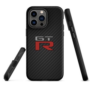 Op de afbeelding: Zwarte telefoonhoes met een carbonfiberpatroon en een rood "GT-R"-logo.