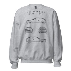 May include: A light gray sweatshirt featuring a black line drawing of a MK2 Scirocco car. The design includes side, front, and rear views, with the text "MK2 SCIROCCO 1981 - 1992" above the car illustrations.