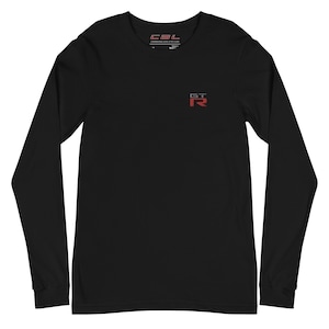 May include: Black long-sleeve t-shirt with a small red embroidered "GT-R" logo on the left chest.