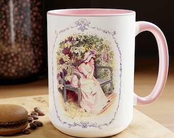 Regency Lady in Garden Coffee Mug - Cottagecore Flowers & Dress Watercolor Illustration - Jane Austen Art Tea Cup
