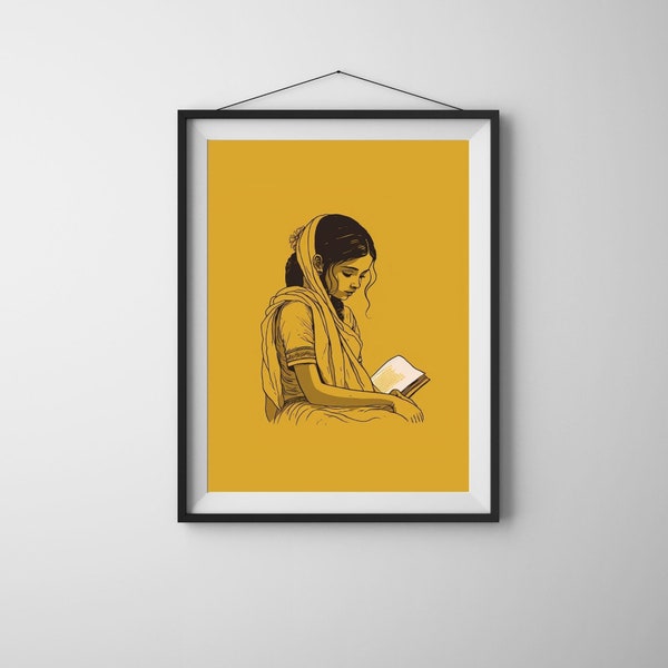 Indian Desi Girl Reading Wall Art Print, Indian Art, Desi Wall Poster Print, South Asian Digital Download Wall Art, South Asia Printable Art