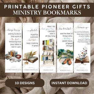 May include: Printable ministry bookmarks with inspirational quotes and illustrations. The design includes 10 different bookmark designs with text from the Bible. The bookmarks are available for instant download.
