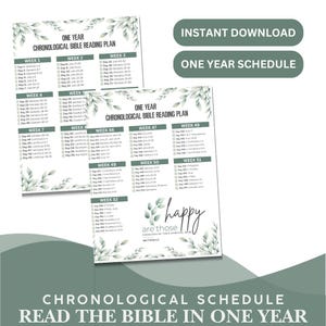 May include: A white and green printable Bible reading plan with the text "One Year Chronological Bible Reading Plan." The schedule is divided into weeks and days, with the words "Instant Download" and "One Year Schedule" at the top.