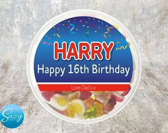 Personalised sweets tub label - fun birthday gift for a sweet tooth - unique present for any age or any special occasion