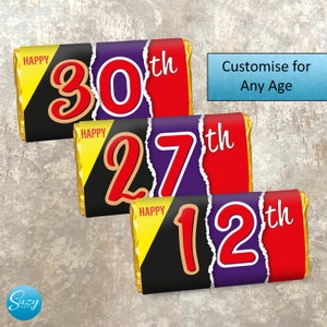 May include: Three chocolate bar wrappers with a torn design. The wrappers are yellow, black, red, and purple. The wrappers have the text "Happy" and a number followed by "th". The numbers are 30, 27, and 12. The text "Customize for Any Age" is in a blue box.