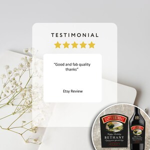 May include: A customer testimonial graphic featuring five yellow stars and the text "Good and fab quality thanks" followed by "Etsy Review". A small circular inset shows a black bottle with a custom "Happy Birthday" label for Bethany.