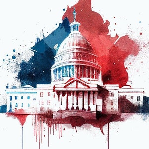 以下が含まれることがあります： ワシントンD.C.の米国議会議事堂を描いた水彩画。建物は青と赤の色合いで描かれており、白いドームがあります。絵は赤と青の塗料の飛沫で囲まれています。