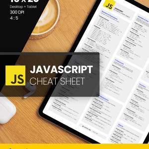 以下が含まれることがあります： タブレットに表示されたデジタルJavaScriptチートシート。ポスターサイズは40.6 x 50.8 cmです。チートシートには、スニペットとコード例、明るいテーマと暗いテーマが含まれており、PDF形式で即座にダウンロードできます。