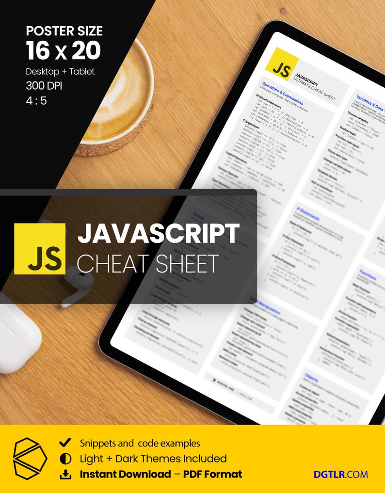 以下が含まれることがあります： タブレットに表示されたデジタルJavaScriptチートシート。ポスターサイズは40.6 x 50.8 cmです。チートシートには、スニペットとコード例、明るいテーマと暗いテーマが含まれており、PDF形式で即座にダウンロードできます。