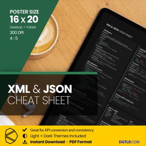 May include: A digital poster with the text "XML & JSON CHEAT SHEET" in white on a black background. The poster size is 40.6 x 50.8 cm. The image also includes a tablet displaying code, a coffee cup, and the text "Instant Download - PDF Format."
