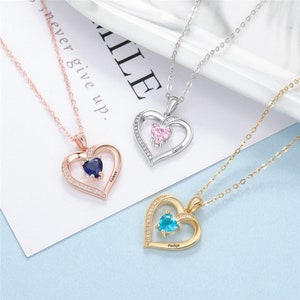 Collar de corazón personal con piedras de nacimiento, collar de corazón personalizado para mamá, colgante de corazón grabado para mujer, una piedra de nacimiento, plata esterlina