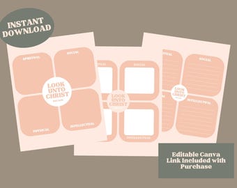 Seguimiento de objetivos imprimibles del tema para jóvenes SUD 2025 / Venid a Cristo / Hoja de objetivos espirituales, sociales, físicos e intelectuales / Enlace de Canva