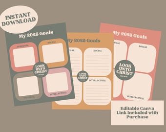 Seguimiento de objetivos imprimibles del tema para jóvenes SUD 2025 / Venid a Cristo / Hoja de objetivos espirituales, sociales, físicos e intelectuales / Enlace de Canva