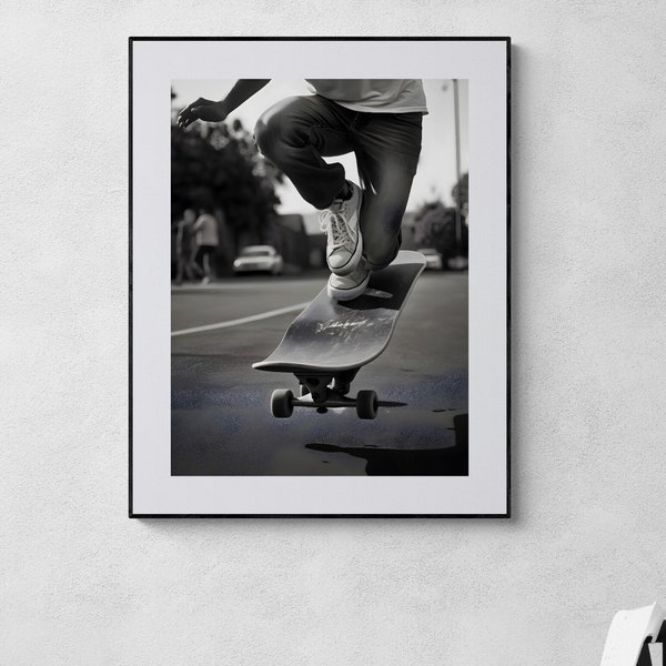 Street Skating in Black and White: Printable Wall Art of a Skateboard Trick. Skateboarding art, skate culture, urban decor, digital download