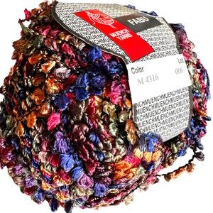 May include: A ball of multicoloured yarn with a label that reads "FABU" and "Muench Yarns". The label also includes the colour code "M 4316" and the lot number "006".