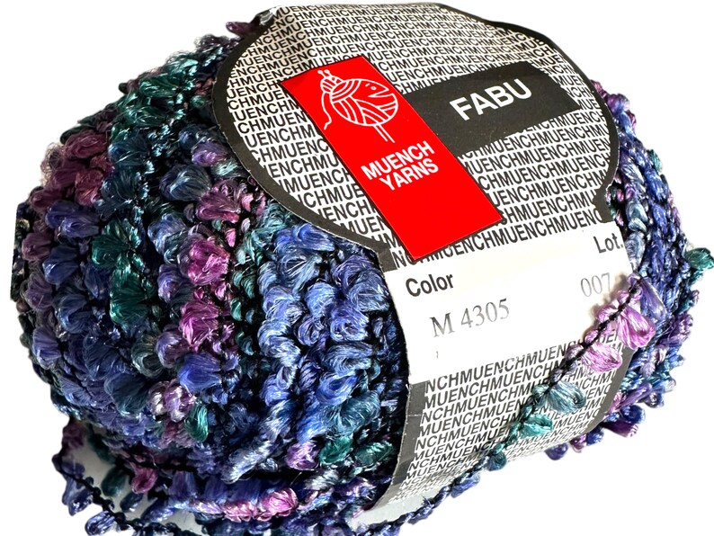 May include: A ball of blue, purple, and green yarn with a label that says "FABU" and "MUENCH YARNS". The label also includes the color code "M 4305" and the lot number "007".