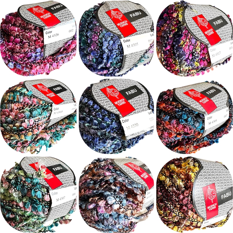 May include: Nine balls of yarn in various colors, including pink, blue, green, and brown. Each ball has a label with the brand name "MUENCH YARNS" and the text "FABU".