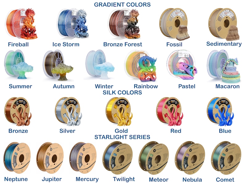 Op de afbeelding: Assortiment van filament spoelen in verschillende kleuren en afwerkingen, waaronder gradient, zijde en starlight serie. De spoelen zijn gerangschikt in rijen met labels die de kleurennamen aangeven.