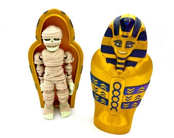 3D Printed Articulated Mummy Toy with Sarcophagus - Ancient Egyptian Halloween Desk Decor