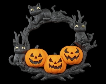 3D Printed Halloween Wreath: Black Cat & Pumpkins - Outdoor Safe
