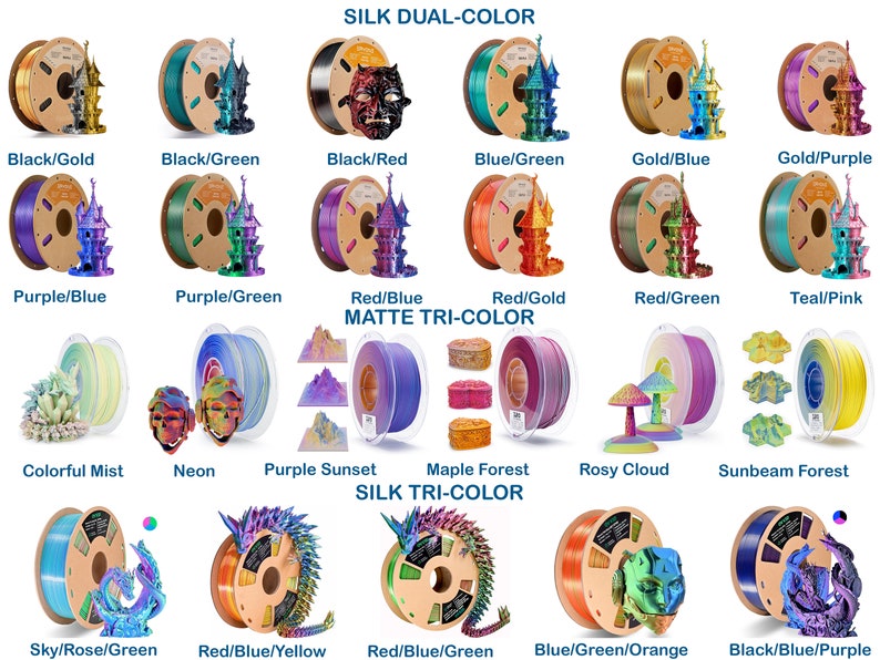 Op de afbeelding: Assortiment van 3D-printerfilamentrollen in verschillende kleuren en afwerkingen, waaronder zijde, mat en tweekleurige opties. Het filament is gerangschikt in rijen met labels die de kleurcombinaties aangeven.