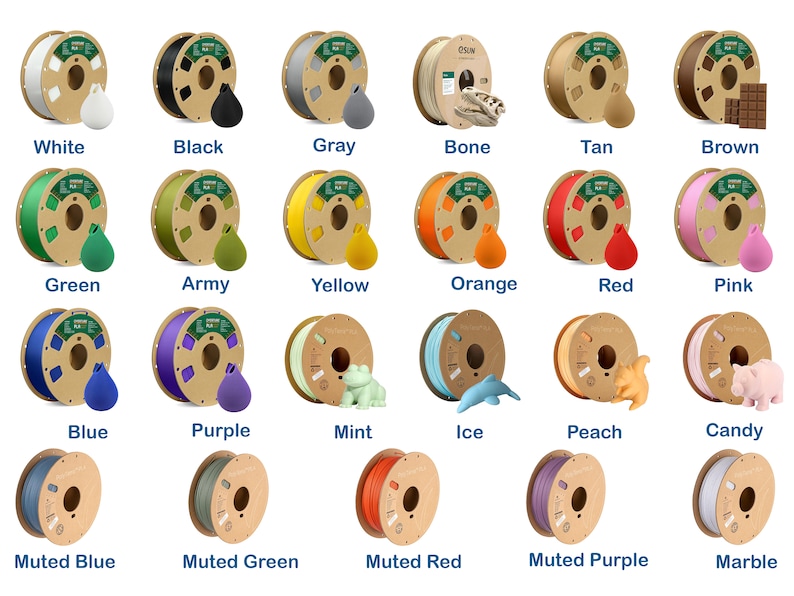 Op de afbeelding: Een verzameling van 20 spoelen filament voor 3D-printen, elke spoel is een andere kleur. De kleuren omvatten wit, zwart, grijs, bot, bruin, bruin, groen, leger, geel, oranje, rood, roze, blauw, paars, mint, ijs, perzik, snoep, gedempt blauw, gedempt groen, gedempt rood, gedempt paars en marmer.