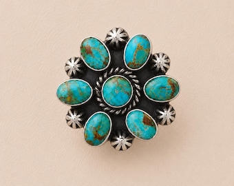 Matt Finish Kingman Mohave Turquoise Silver Ring, Handmade 925 Sterling Silver Ring, Full Cluster Western Style Ring