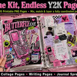 Könnte beinhalten: Ein digitales Set mit 105 druckbaren PNG-Seiten für ein Journal im Y2K-Stil. Die Sammlung enthält Collage-Seiten, Schreibseiten und Journal-Layouts mit rosa, schwarzen und weißen Grafiken, darunter Klapphandys, Schmetterlinge und verschiedene Texte.
