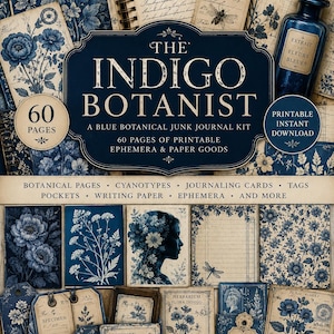 Peut inclure: Un kit de journal créatif numérique intitulé The Indigo Botanist comprenant 60 pages d'éphémères imprimables. La collection inclut des illustrations botaniques, des cyanotypes, des cartes, des étiquettes, des pochettes et du papier à lettres bleu et crème.