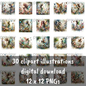 Collection de cliparts fées fantaisistes - 30 illustrations magiques avec fleurs et papillons - téléchargement immédiat pour sublimation